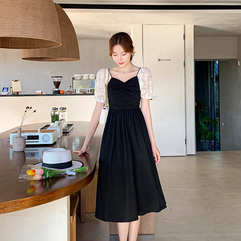 

Uulutonica Summer Women Elegant Fashion Floral Lace Puff Sleeve Empire Square Collar A-Line Mid-Calf Dress