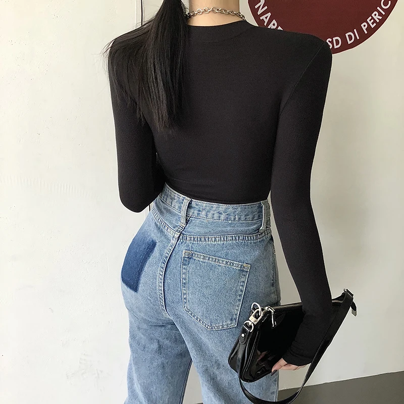 one shoulder bodysuit Solid Ribbed Knit Black Gray Female Bodysuit Turtleneck Top Women Long Sleeve Fall 2020 Winter Bodycon Keep Warm Khaki Body Sexy bodysuit women