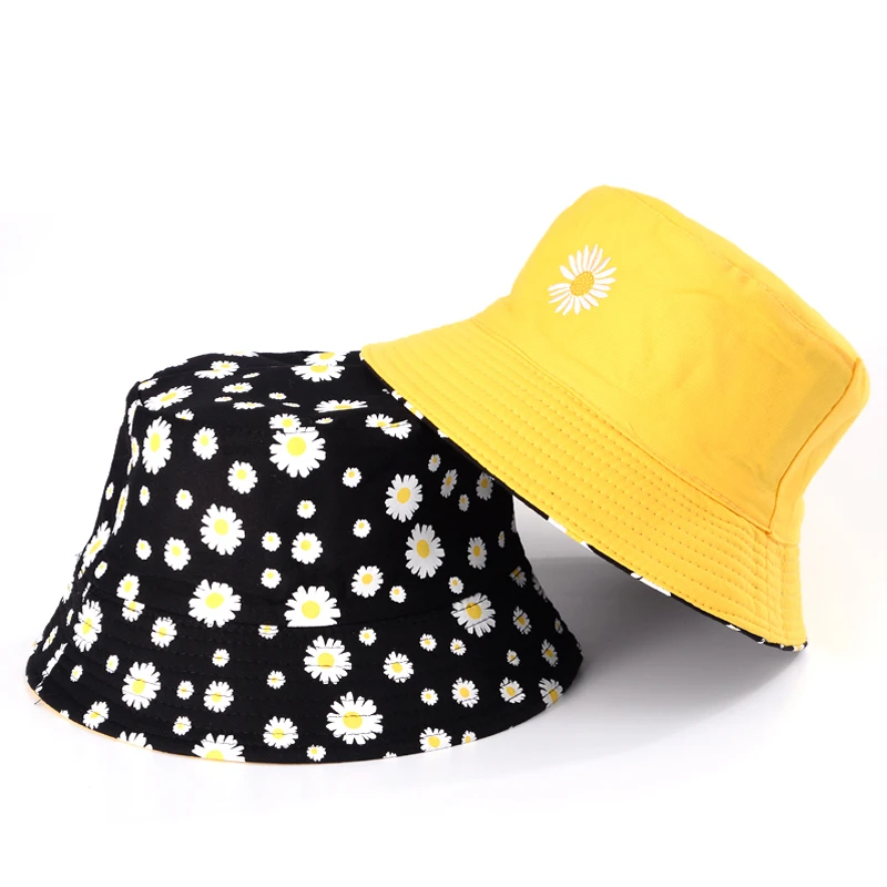

2022 Spring Fashion Little Daisies Bucket Hat Women Cotton Beach Sun Cap Double Sided Wear Panama Summer Sunscreen Fisherman Hat