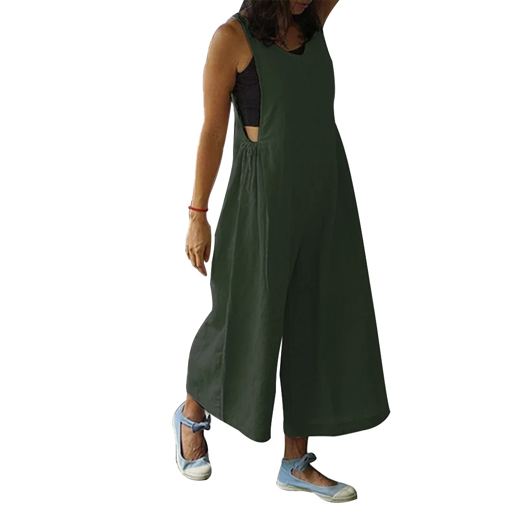 

Women's solid round neck sleeveless wide leg casual loose drawstring strap Jumpsuit