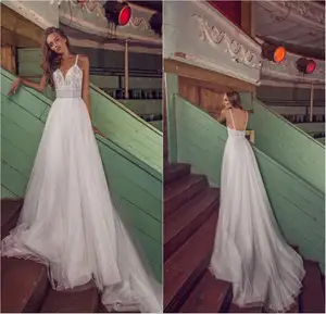Boho Wedding Dresses A Line Spaghetti Straps Glitter Bohemian Wedding Dress Custom Made Sweep Train Elegant Vestidos De Novia