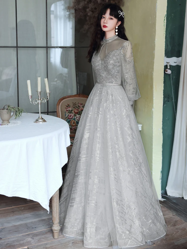 

Fashion Stand Collar Gray Prom Dress Hollow Out Backless Bandage Long Party Gown Women Slim A-Line Banquet Evening Dress