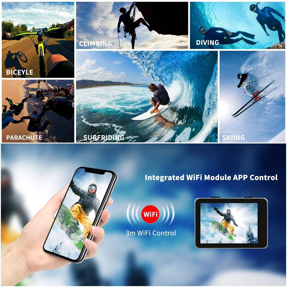 Водонепроницаемая Экшн-камера T31, Wi-Fi, 4 K, 1080 P/60FPS, Ультра HD камера с широкоугольным объективом 170 градусов для Go Pro Hero 7 5 6 Yi h9