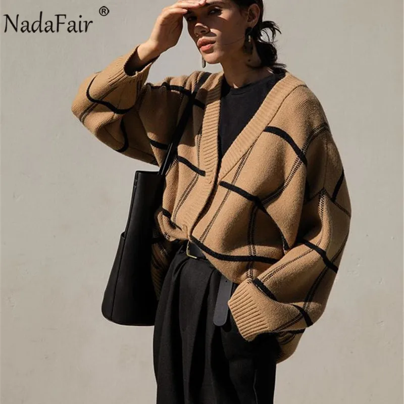 Nadafair клетчатые кардиганы для женщин v образный вырез винтажный вязаный пуловер