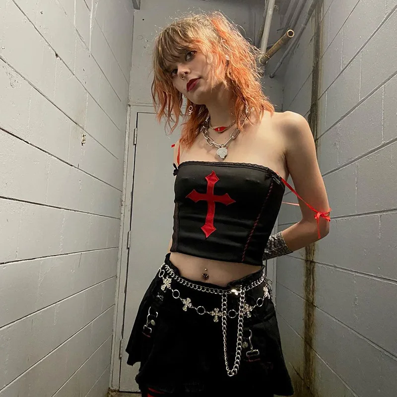 

Summer Sexy Strapless Vest Camisole Gothic Girl Cross Embroidered Small Sling Tops