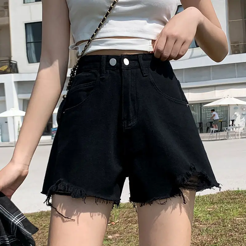 

High waisted denim shorts women's summer 2021 new loose and thin wide leg A-line pants, short hot pants with holes