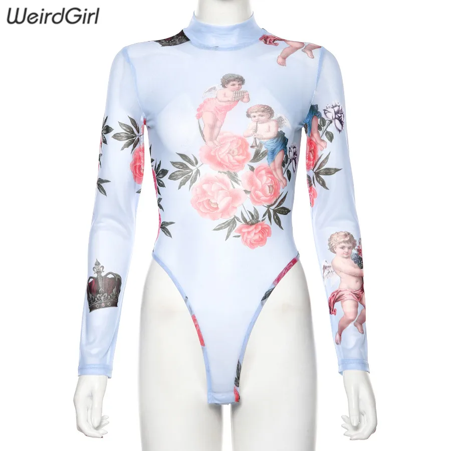 Weirdgirl, женские боди с принтом, сетчатые, элегантные, сексуальные, обтягивающие, тянущиеся, женский комбинезон с длинными рукавами, водолазка, для фитнеса, осень