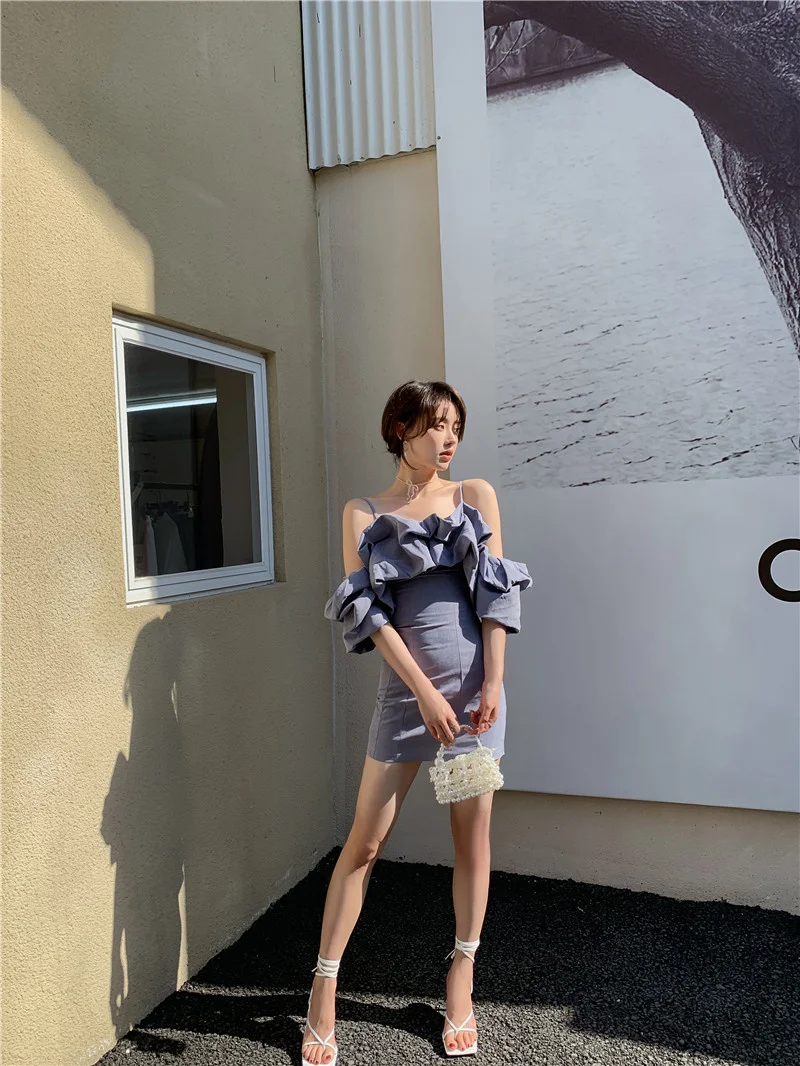

off-Shoulder Spaghetti Straps Dress 2021 New Summer Goddess Temperament Waist Slimming Temperament Sheath Formal Dress