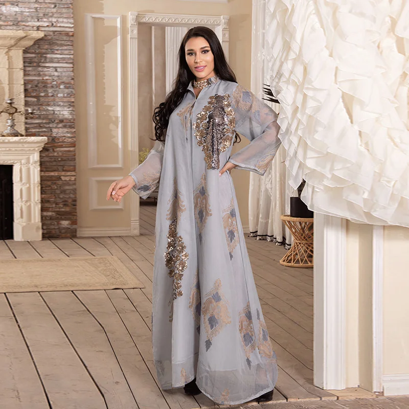 

2022 Women's Long Muslim Abaya Dresses Long Seleeve Sequin Embroidery Loose Maxi Dubai Abaya Islamic Party Long Maxi Dress
