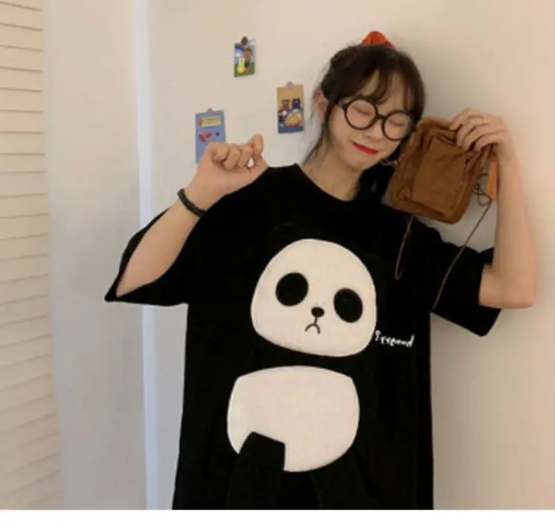 

2021 Summer Panda Style Women's Cartoon Black White T Shirts Plus size Oversized Casual Ladies Short Sleeves Tops BN018