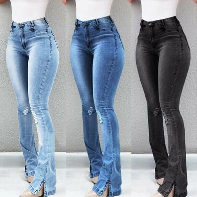 

New Arrival Women High Waist Denim Jeans Stretch Slim Bell Bottom Pants Retro Flare Trousers