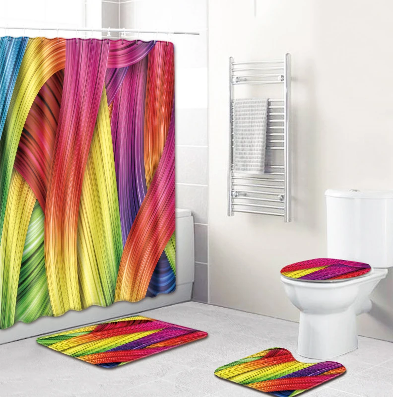 Набор полосатых ковриков для ванной Zeegle с крышкой душа унитаза занавеской