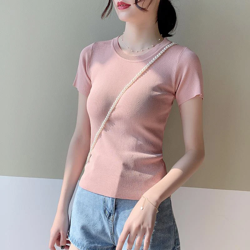 

Women Spring Summer Style Knitted Sweater Pullovers Lady Casual Solid Color O-Neck Short Sleeve Pullovers Tops ZZ0055