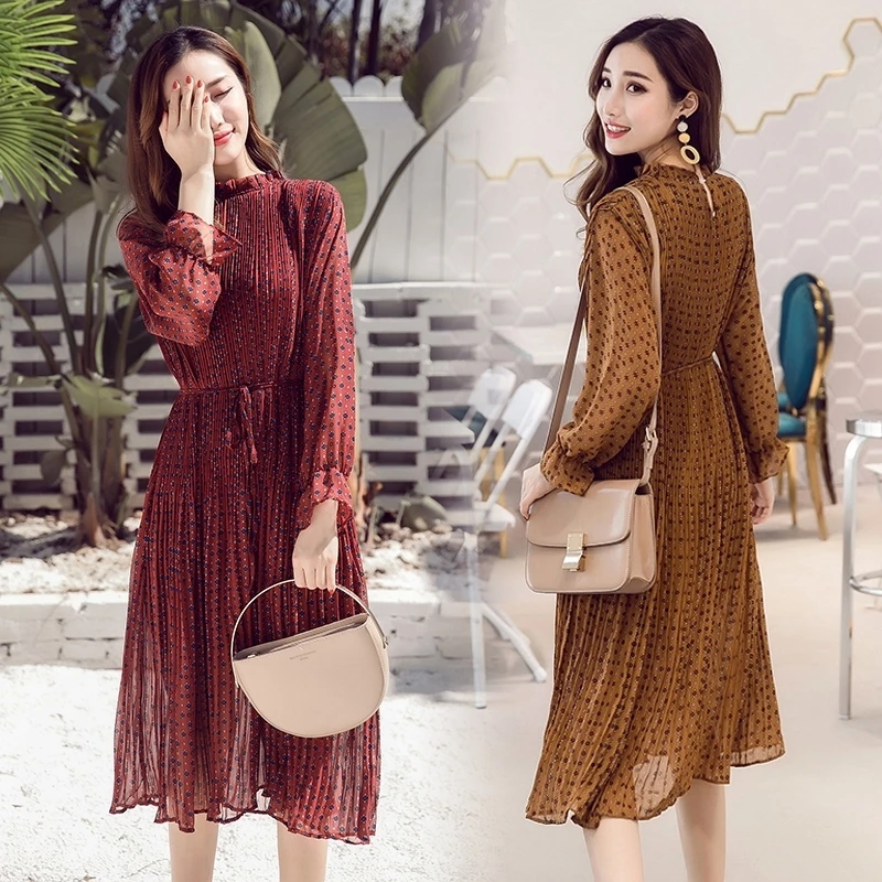 Женское винтажное шифоновое платье JuneLove Черное длинное плиссированное в горошек