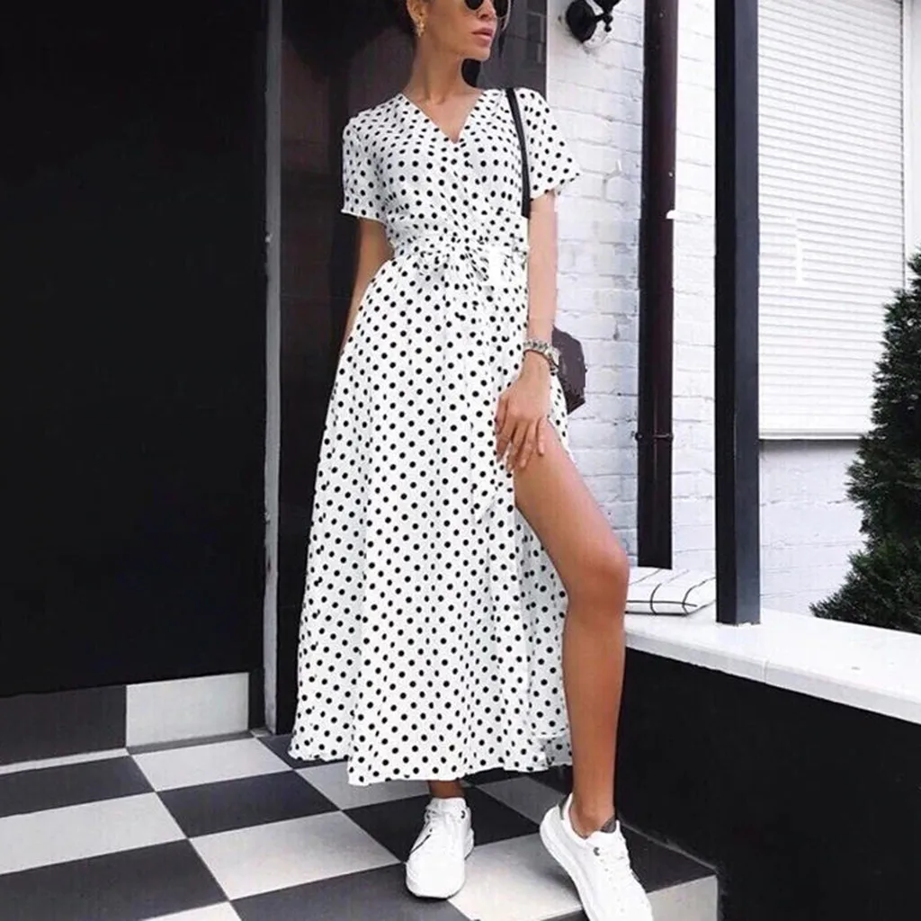 Платье женское длинное в горошек хлопковое Макси вечерние V образным вырезом и