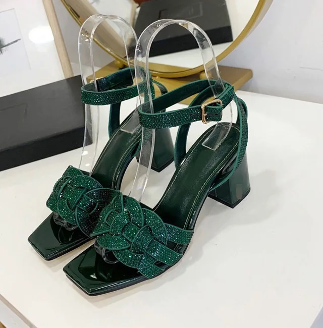 

2020 summer new square head thick heel high heel open toe bright diamond sexy sandals fashion one word buckle women's shoes