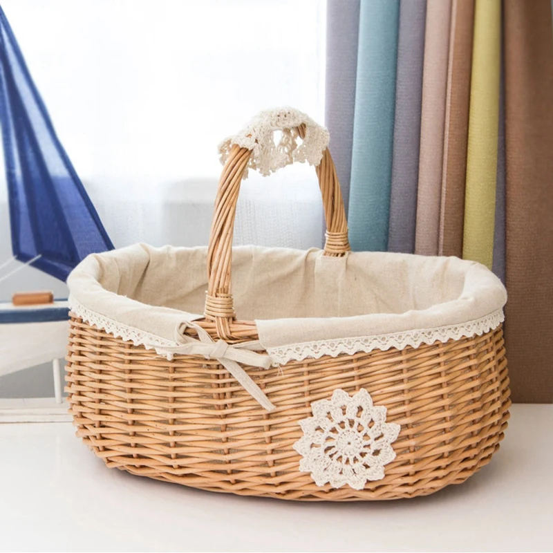 Wicker Basket Rattan Storage Box Picnic Fruit Flower Baskets With Lid And Handle White Liner For Camping #Co | Дом и сад
