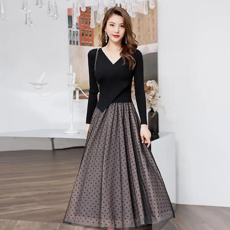 Timis Li/длинные платья трикотажный топ с кружевным пухом и длинным рукавом