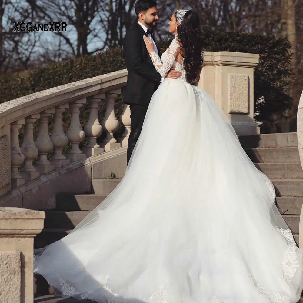

Потрясающее бальное платье свадебное платье 2021 одежда с длинным рукавом свадебное платье с круглым вырезом Иллюзия Королевский поезд неве...