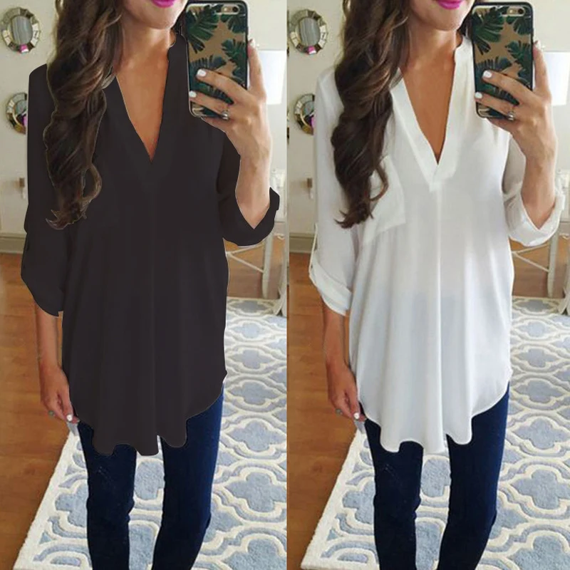 Женская шифоновая блузка с длинным рукавом и v образным вырезом Туника топа