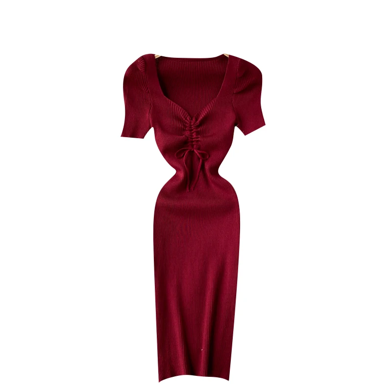 

Women Knitted Pencil Dress Design Drawstring V Neck Short Sleeve Slim Dresses Summer Korean Streetwear Short Dress