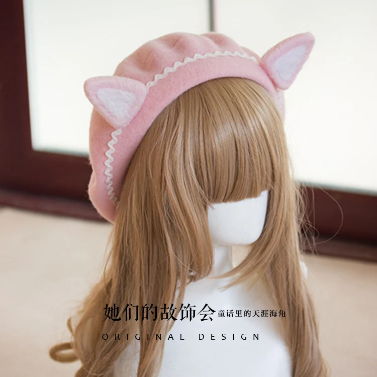 Женская теплая винтажная шапка с кошачьими ушками Mori Girl милая шерстяная в стиле