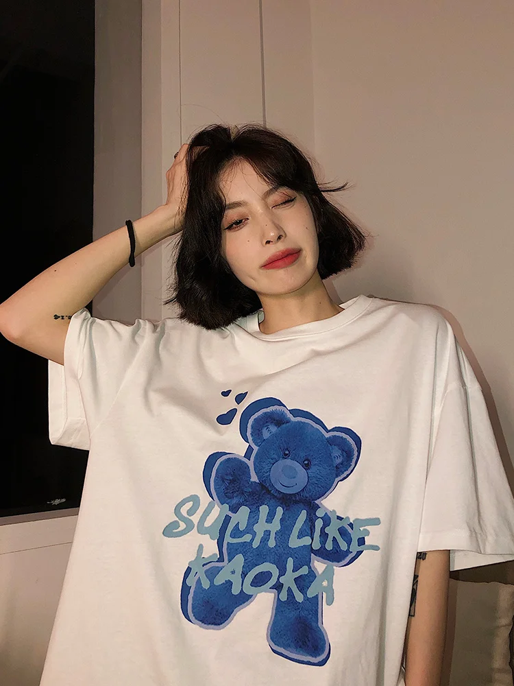 White Short Sleeve T-shirt Women's Summer New Loose Cute Cartoon Bear Printed Half | Женская одежда