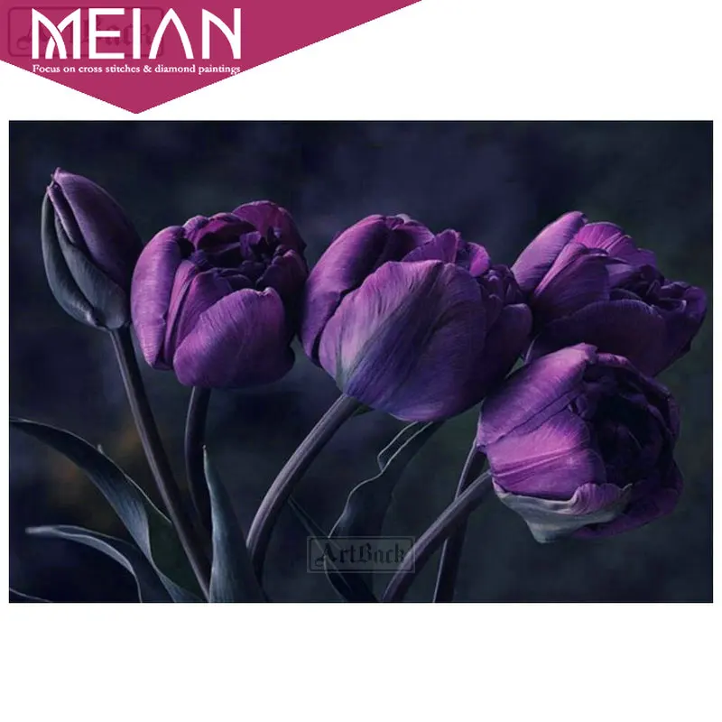 2020 Алмазная картина Meian с цветами фиолетовым тюльпаном мозаика 5d сделай сам холст