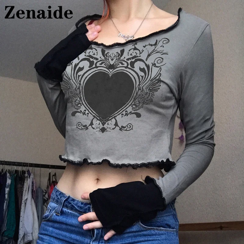 

Женская футболка с принтом сердца Zenaide, Готическая Винтажная футболка в стиле гранж с длинным рукавом, укороченный топ в стиле пэчворк, осен...