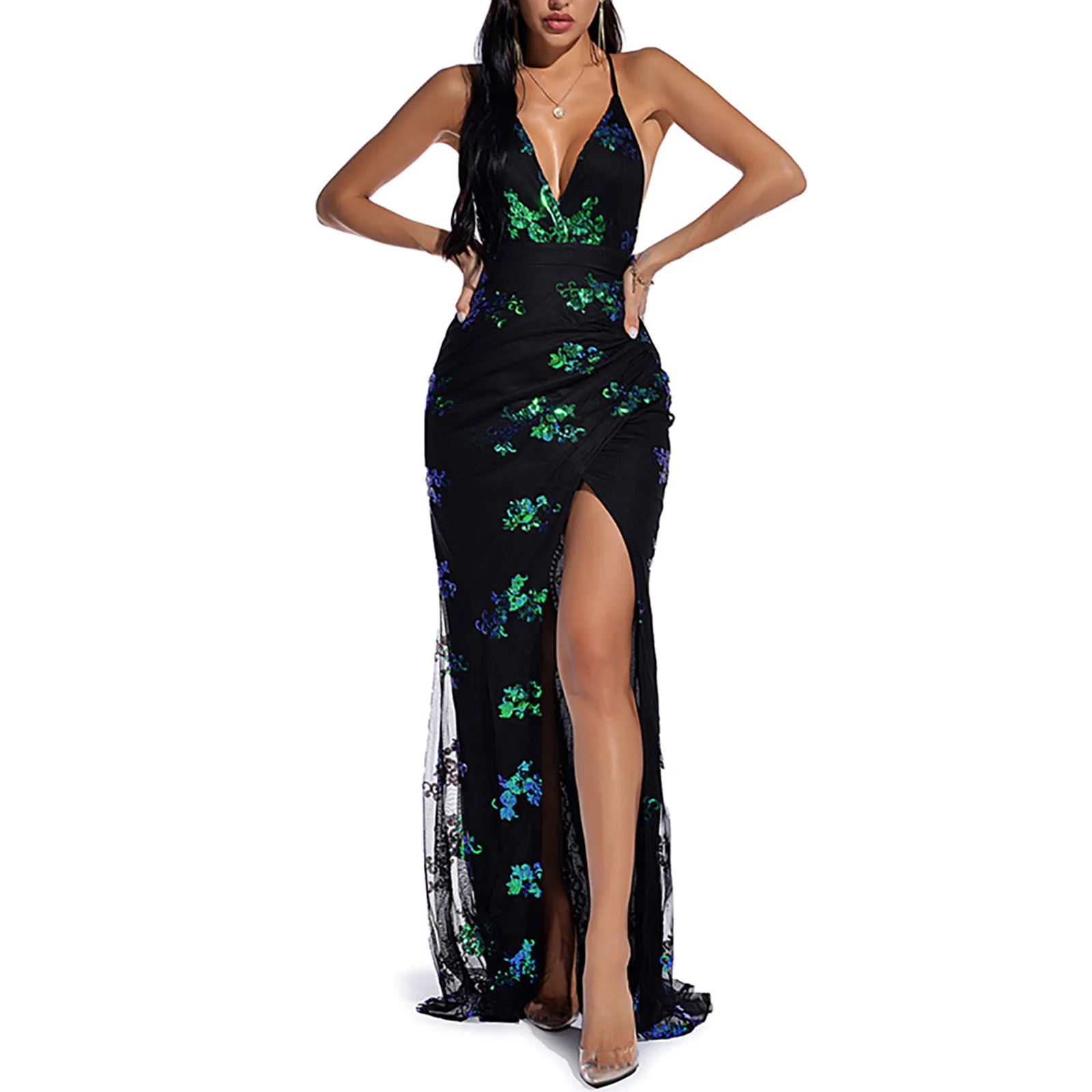 

Women Formal Gown Dresses Wedding Evening Party Prom Long Dress V Neck Sexy Sleeveless Vintage Floral Sequin Maxi Dresses