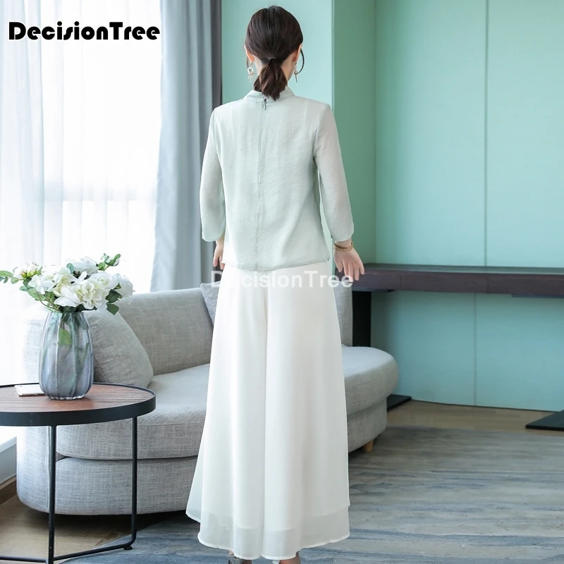 

2021 women traditional chinese style linen clothing vintage floral hanfu top+pants set elegant cheongsam set tang suit