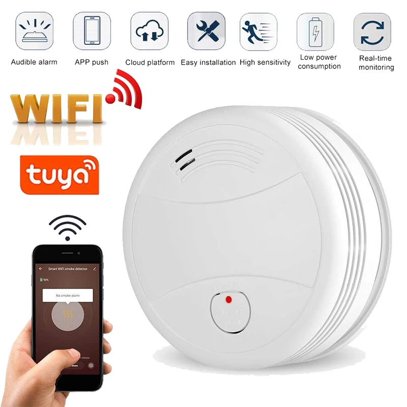 

2PCS Tuya Smart Smoke Sensor Wofea WiFi Smoke Detector Home Security Fire Alarm System APP Message Push 95db Sound No Need Hub