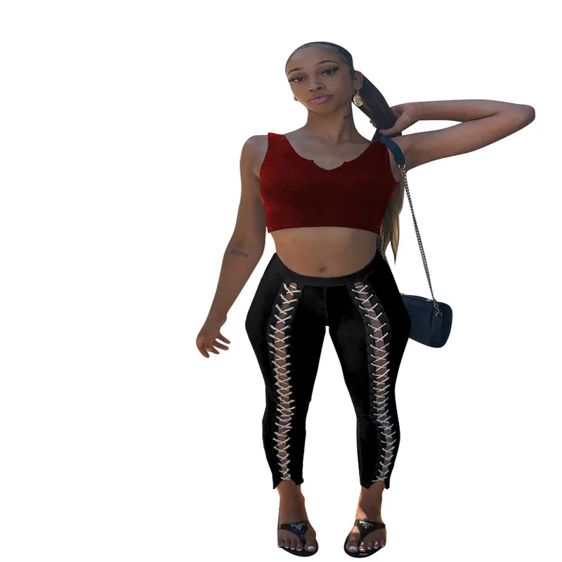 

Front Hollow Out Lace-Up High Waist Pants Vintage Casual Sexy Woman Trousers Fashion Cool Girl Streetwear