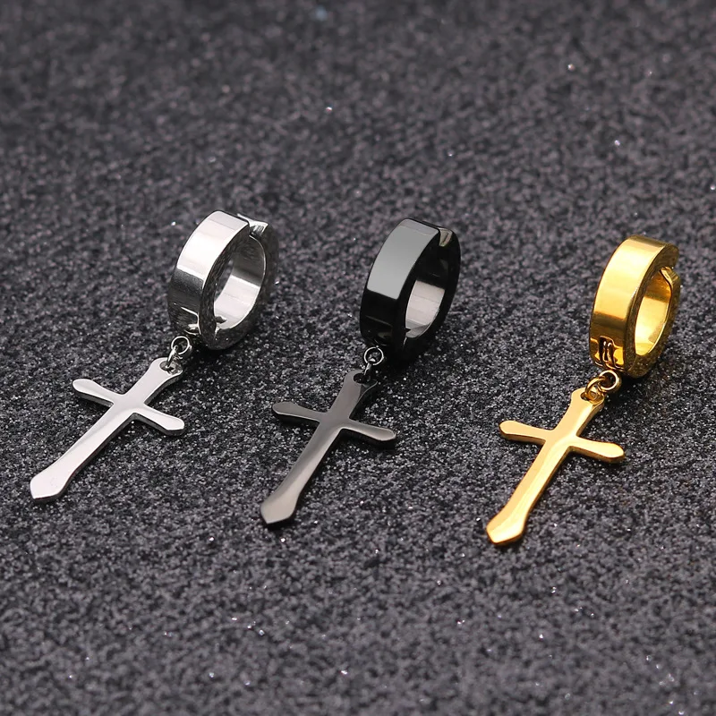 

New 1 Pcs Stainless Steel Clip On Non Piercing Earrings For Women Men Black Gold Color Cross Gothic Punk Rock Drop Pendiente