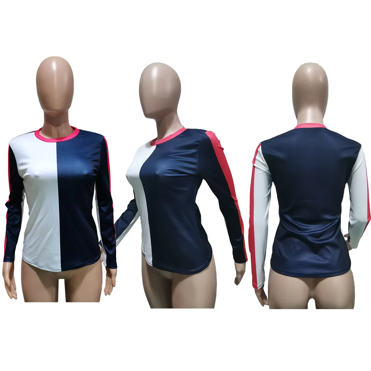 

Long Sleeves Black and White Patchwork O-Neck All-Matching Shirt New Spring Casual Style Slim Women Tops