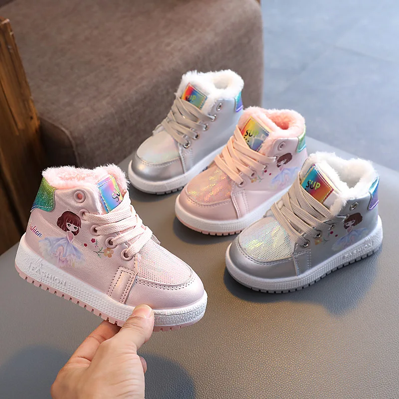 

2021 New Kids Fashion Cotton Shoes for Girls Children Cartoon Princess PU Martin Boots Winter Thick Cotton Girls Pink Snow Boots