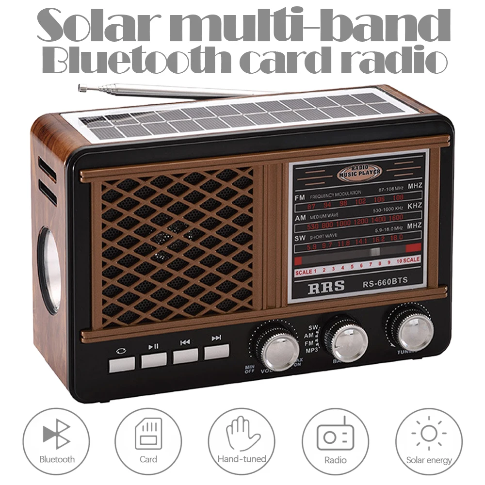 

Solar Multi Bands Radio Receiver Broadcast with Built-in Speaker Compact Retro Radio with Bluetooth Antenna Accessories