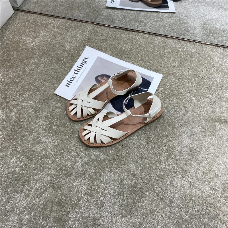 

Female Sandal Round Toe Comfort Shoes for Women Breathable 2021 Summer Girls Beige Flat New Gladiator Fashion Retro Low Rubber S