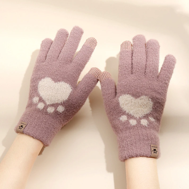 

Cute Cat Paw Pattern Touched Screen Gloves Women Knitted Winter Mittens Autumn Warm Soft Thick Fur Full Fingers Guantes