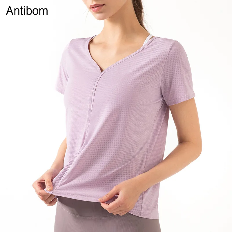 

Antibom V-Neck Woman T-shirts Fitness Gym Breathable Loose Short Sleeve Yoga Shirt Running Training Soft Nylon Fabric Sports Top