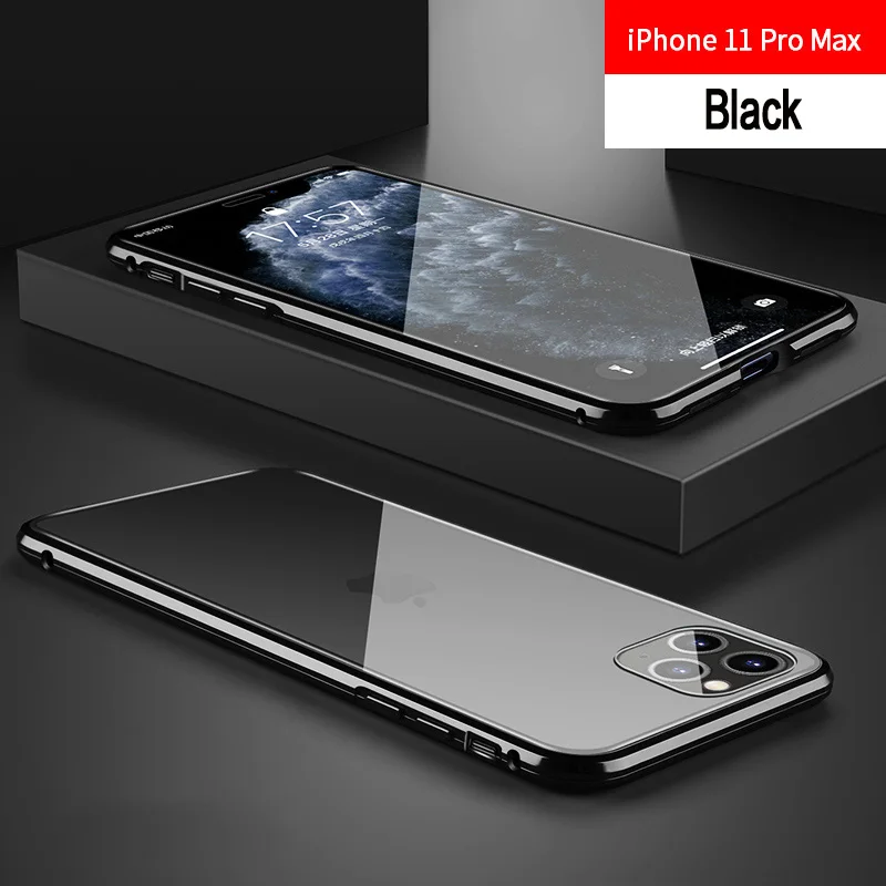 Магнитный чехол для iPhone 11 X Xr Xs Max 6 6s 7 8 Plus, противоударный чехол для iPhone 11 Pro Max, задняя крышка из закаленного стекла - Цвет: Черный