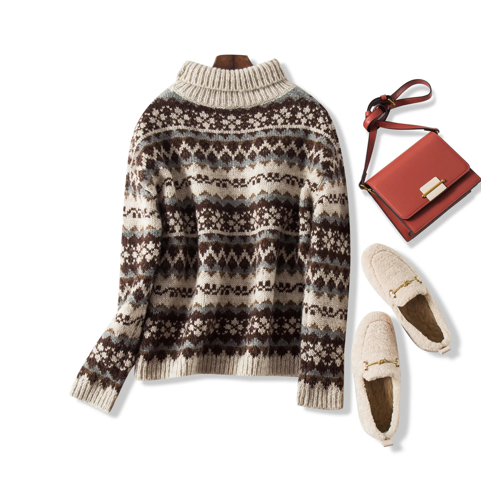 

Vintage Jacquard Alpaca Sweater Lady Turtleneck Long Sleeve Knitwear Women Casual Knitted Pullover