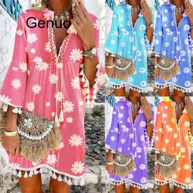 

Casual Tassel Long Blouses Women Flower Print Plus Size Shirt Dress 2020 Autumn Tunic Daisy Long Sleeve Womens Tops And Blouses