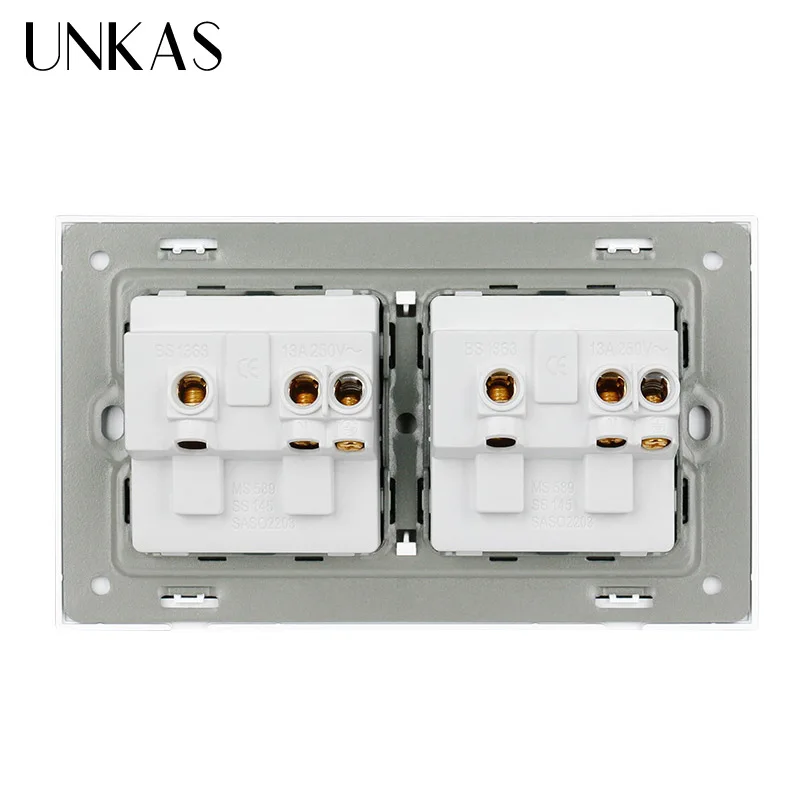 UNKAS Double 146*86mm UK Standard Wall Socket Crystal Glass Panel Power Outlet Grounded AC 100~250V Siamesed Design | Обустройство