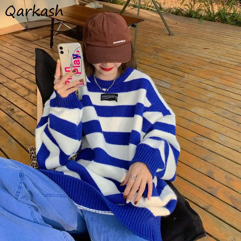 

Striped Pullover Women Loose Couple Leisure Ulzzang Fashion Spring Simple Vintage 4 Colors Sweater Soft College Ladies Popular
