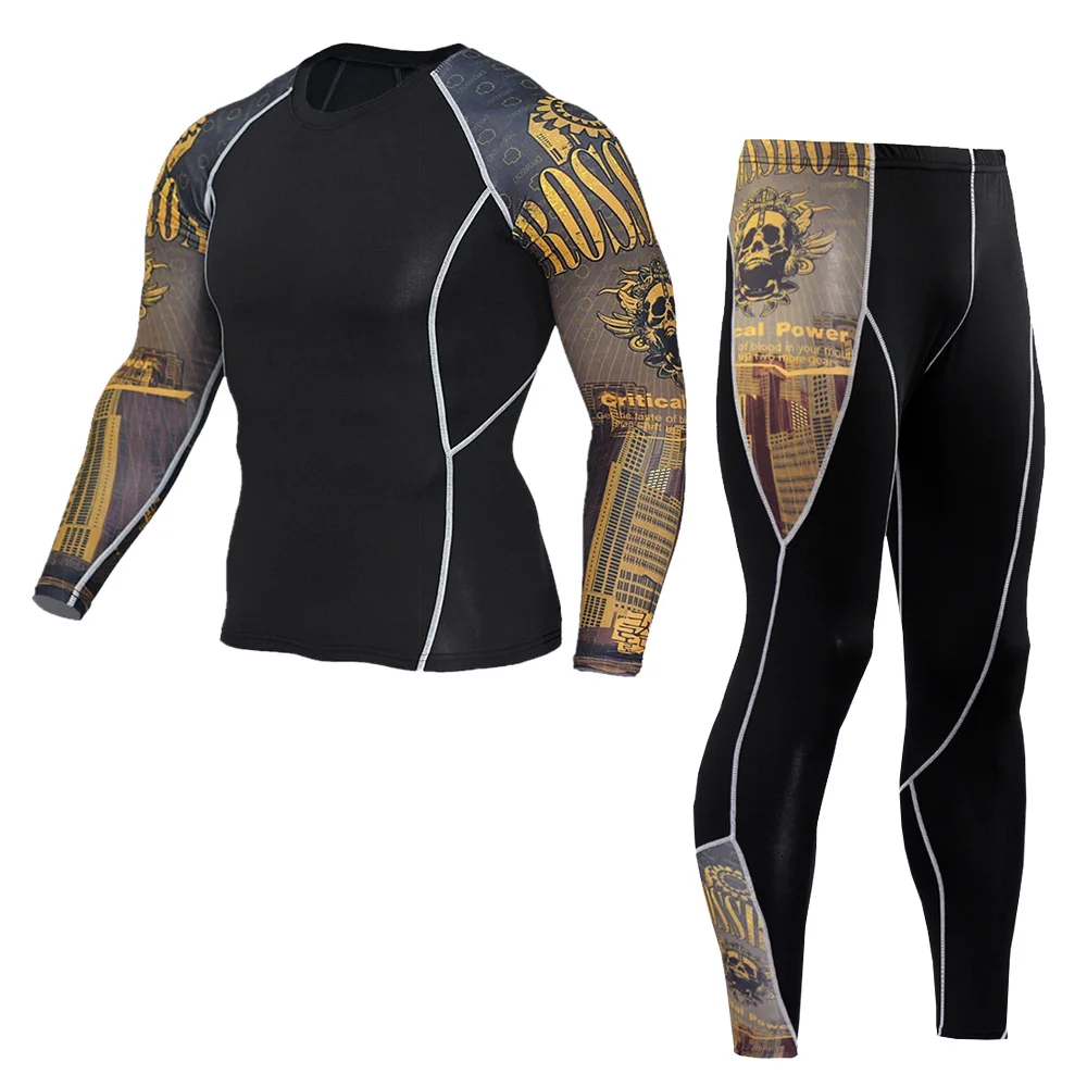 Мужской спортивный компрессионный комплект для бега футболка + обтягивающие