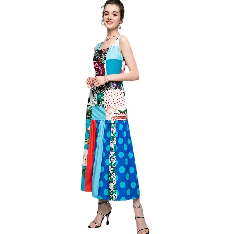 

2021 Spring and Summer New Women's round Neck Beautiful Printed Sleeveless Sexy Flounced Skirt Swing Dress