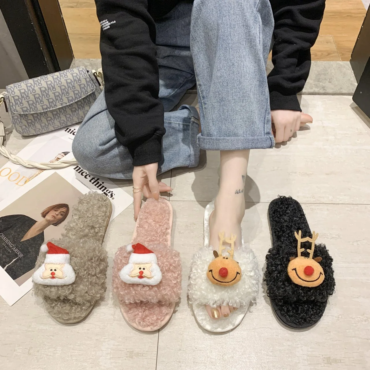 Little Elk Lamb Lady Slippers Christmas Hair Outer Wear Cotton Slippers Plush Slippers Female Home Cute Cartoon