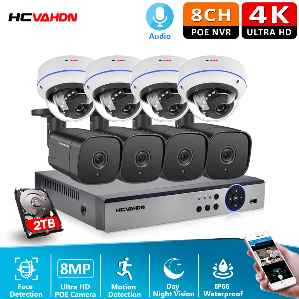 

8CH Full HD 8MP POE Camcorder For Home Camera Security System H.265 4K Outdoor Waterproof Security Bullet and Dome Mixed IP Cam