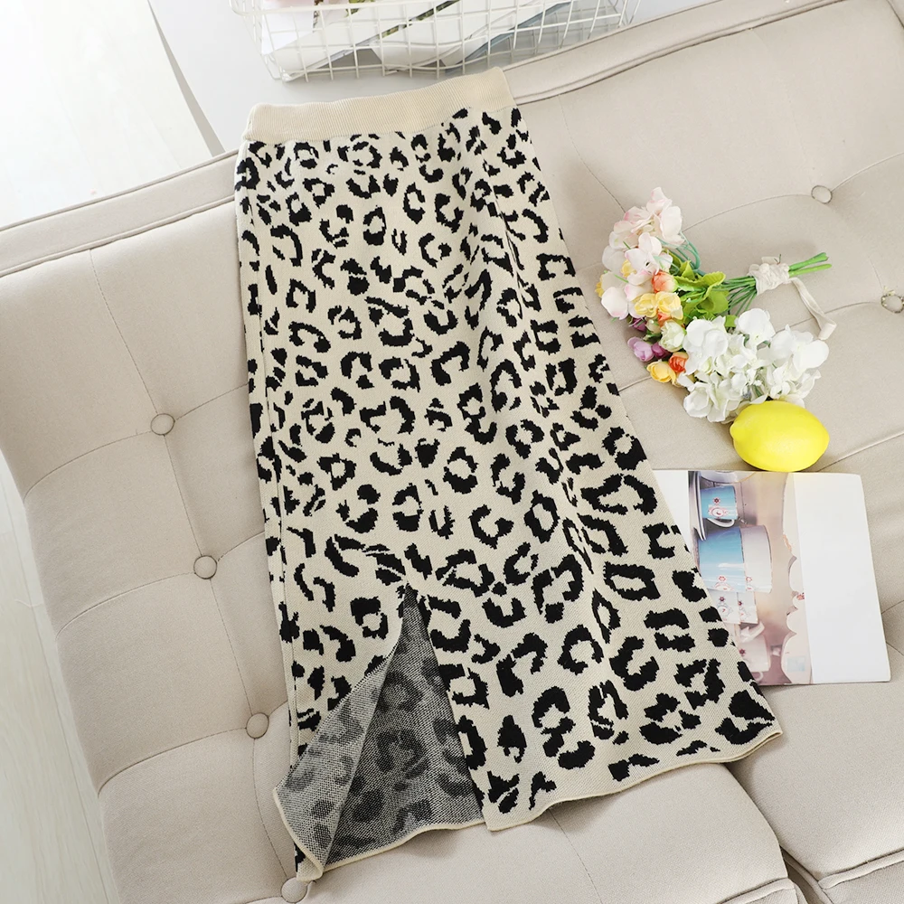 SINGRAIN Женская леопардовая трикотажная юбка зимняя толстая облегающая миди